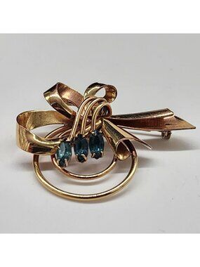 Vintage Carl Art Gold Tone Pendant Brooch Blue Rhinestones Bow Design 20 12KTG